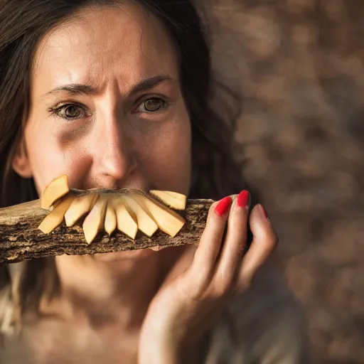 Prompt: a portrait of a woman eating a piece of wood, detailed, hd, 4k, 8k, high res