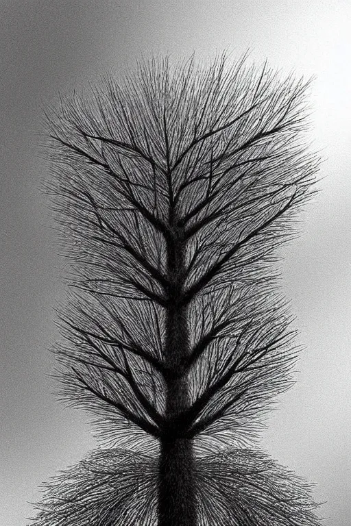 Prompt: an impossibly tall pompom tree with a slim trunk, viewed from below, ant perspective, digital illustration by chris van allsburg and artgerm, surreal, photorealistic