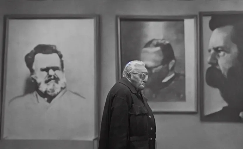 Prompt: 60s movie still close-up of Josip Broz Tito in a museum standing next to a large portrait of Karl Marx, by Irving Penn , Cinestill 800t 35mm black and white, heavy grainy picture, very detailed, high quality, 4k, HD criterion, dramatic lightning, precise texture, gettyimages