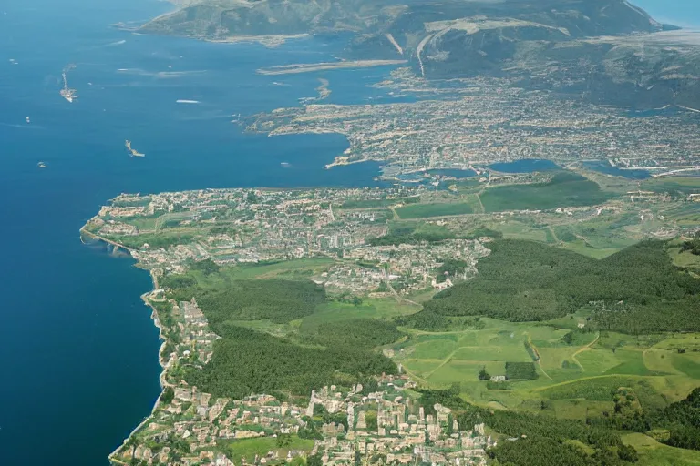 Image similar to satellite image of a bay town facing north, green mountains to the south, and a castle across the bay