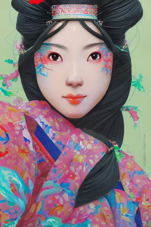 Image similar to a professional painting of a gorgeous Japanese Geisha girl, in brightly colored kimono, long dark hair, beautiful bone structure, symmetrical facial features, intricate, elegant, digital painting, concept art, smooth, sharp focus, illustration, from StarCraft by Ruan Jia and Mandy Jurgens and Artgerm and William-Adolphe Bouguerea, epic, stunning, gorgeous, intricate detail, much wow, 4K, masterpiece, trending on artstation