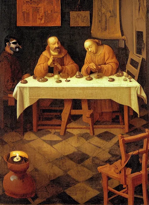 Image similar to a candlelit table at the inn, two people sitting at the table, swirling smoke, dark smoke, realistic, in the style of leonardo da vinci, dutch golden age, amsterdam, medieval painting by jan van eyck, johannes vermeer, florence