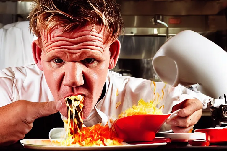 Image similar to closeup potrait of gordon ramsay vomiting on the set of masterchef, screen light, sharp, detailed face, spewing vomit, magazine, press, photo, Steve McCurry, David Lazar, Canon, Nikon, focus