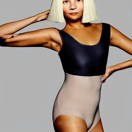 Image similar to sia furler wearing a skin colored leotard full body artistic photoshoot