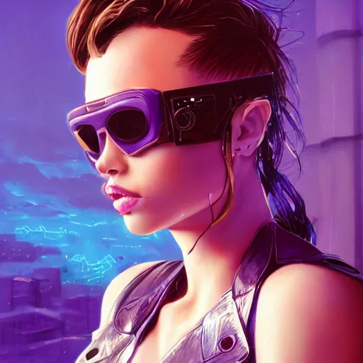 Image similar to very detailed masterpiece closeup painting of a very beautiful young mexican cyberpunk woman with light blue shutter shades, one side haircut, long brown hair with light blue ends, purple leather jacket, beauty mark on cheek, portrait, synthwave background, artstation, concept art by greg rutkowski