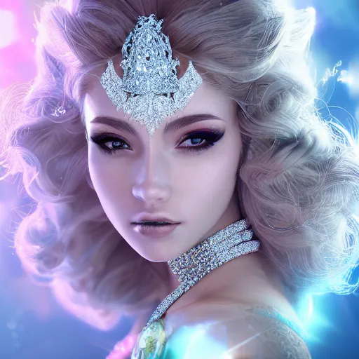 Image similar to portrait of wonderful princess of diamond with fair skin, ornate with diamonds, 8 k, gorgeous, intricate, detailed, glowing white accent lighting, dramatic lighting, octane render