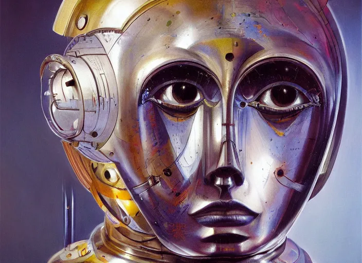 Image similar to asymmetrical portrait headshot of sci fi metallic human, bright eyes, melancholic complex geometric figure liminal biomechanical by oskar schlemmer, moebius, john berkey, film grain, oil on canvas, portrait facial head, featured on artstation, hd wallpaper, 8 k, bright colors, global radiant light