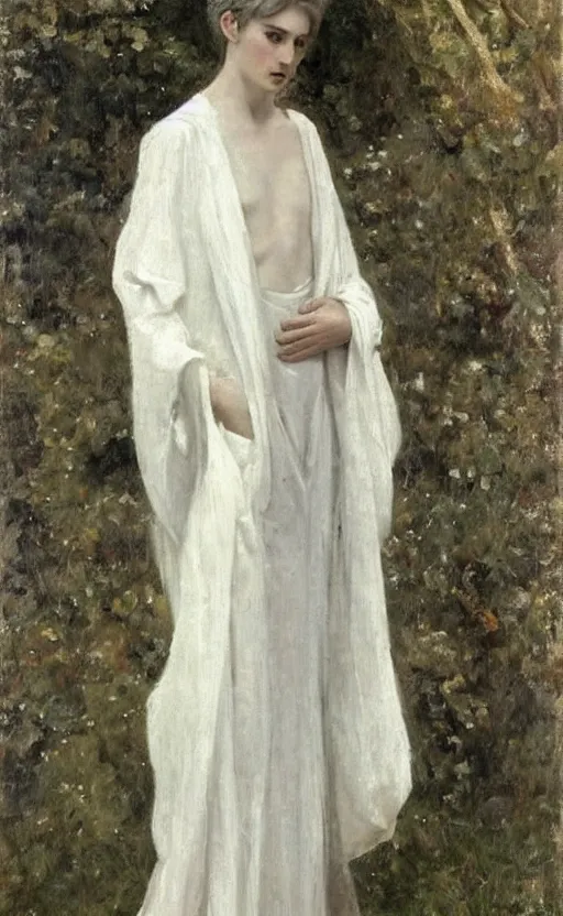 Image similar to say who is this with silver hair so pale and wan! and thin? flowing hair covering front of body, white robe, white dress!! of silver hair, covered!!, clothed!! lucien levy - dhurmer, fernand keller, oil on canvas, 1 8 9 6, 4 k resolution, aesthetic, mystery