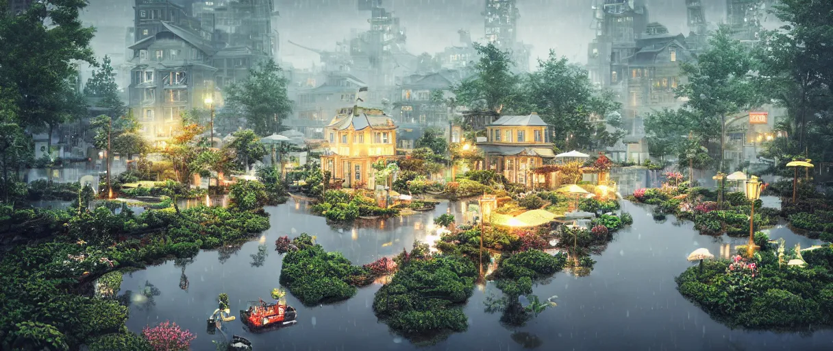 Image similar to carriership landing on raining night at flooded miniature city, emotion is on the rise on the town, cute style garden, octane render, trees, evergreen, patio, garden, wet atmosphere, tender, soft light misty yoshitaka amano, and artgerm, pixel art