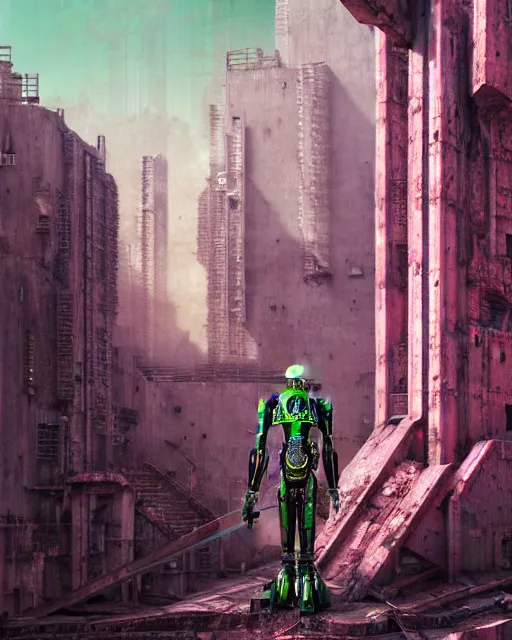 Image similar to hyperrealistic highly detailed exoskeleton mecha iridescent pink brutalist city ruins background concept art santiago caruso de chirico sharp very dramatic green light 8k low angle shallow depth of field