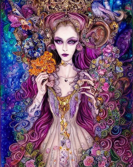 Image similar to josephine wall water colored pencils baroque bedazzled gothic royalty frames surrounding a pixelsort highly detailed portrait of a detailed pencil portrait with watercolor of a beautiful monster high doll, by sabrina eras, alice x. zhang, agnes cecile, blanca alvarez