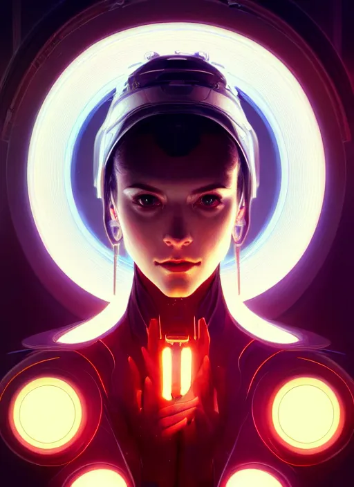 Image similar to symmetry!! self portrait, tech wear, scifi, glowing lights!! intricate elegant, highly detailed, digital painting, artstation, concept art, smooth, sharp focus, illustration, art by artgerm and greg rutkowski and alphonse mucha