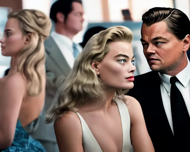 Prompt: leonardo dicaprio as the wolf of wall street next to beautiful margot robbie as naomi from the wolf of wall street, hyper realistic faces, cinematic, long shot, hyper detailed, 8 5 mm photograph, 8 k resolution, film still, sharp lens, wide lens