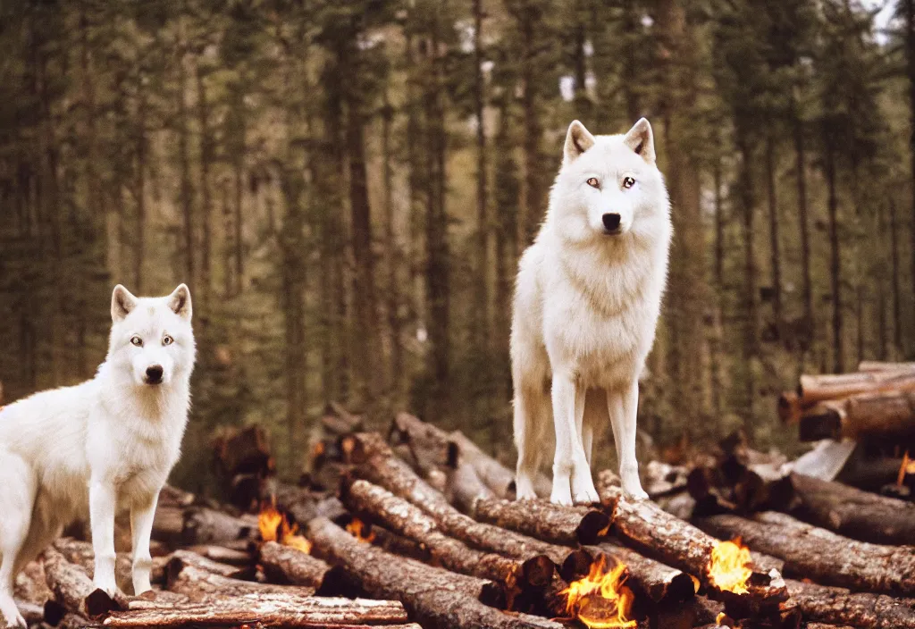 Image similar to lomo photo of a white wolf in front of a burning log cabin, cinestill, bokeh, out of focus