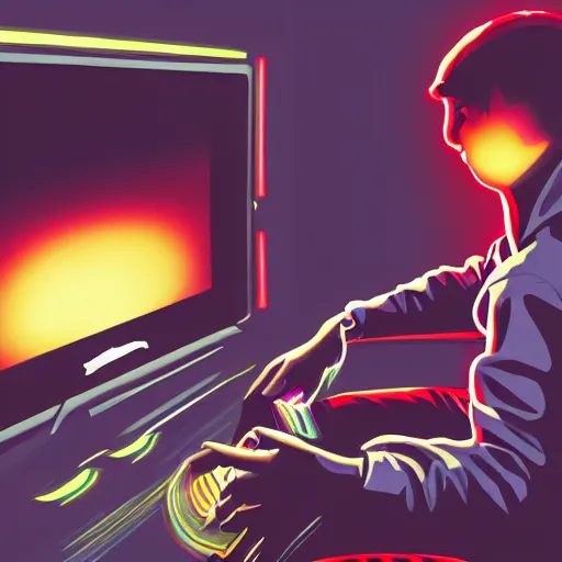 Prompt: video game art depicting a person playing videogames, high quality digital design