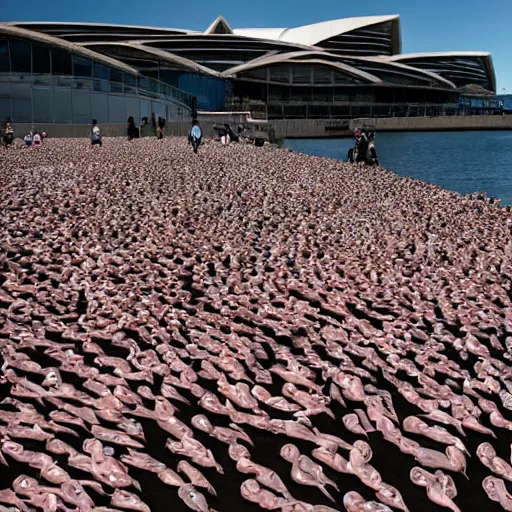 Image similar to spencer tunick photograph of blobfish on the sydney opera house foreshore