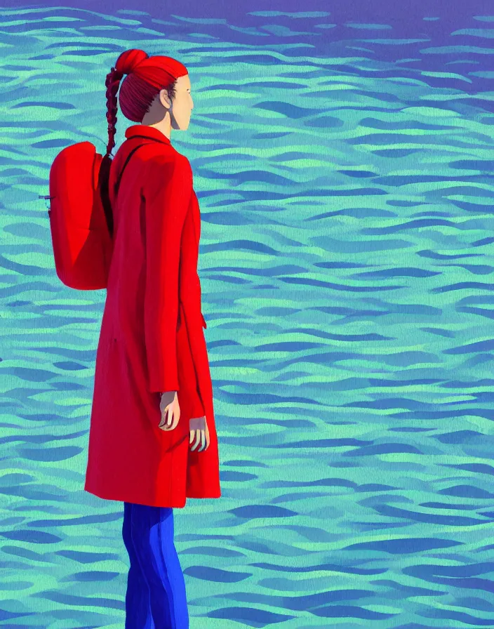 Prompt: wide shot rear view photographer woman hair in a bun long red stripe coat backpack sneakers grasping a nikon dslr camera while looking out over a placid blue lake, a character design painting, in the style of wes anderson, lola dupre, david hockney, isolated on negative white space background dark monochrome fluorescent spraypaint accents volumetric octane render, no double figure