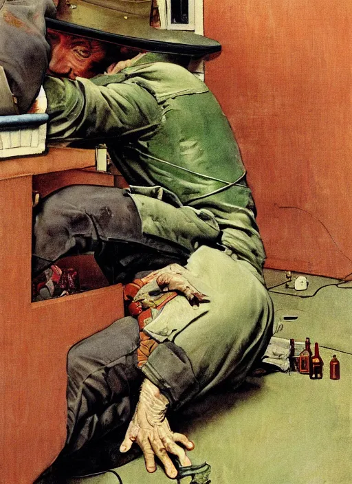 Image similar to dennis hopper crawling around on the floor of a dingy apartment, painted by norman rockwell and tom lovell and frank schoonover and everett raymond kinstler, green, dystopian