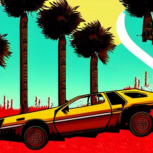 Prompt: wasteland hotline miami desert apocalypse car on fire oil leaking black liquid wasteland war destroyed wide shot landscape nuke fire craters end of the world miami beach sunset palm trees 80s delorean unreal engine style