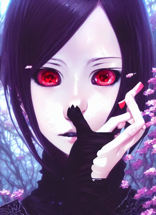Image similar to portrait of beautiful gothic anime girl, cute face, anime, intricate, highly detailed, digital painting, official media, anime key visual, concept art, rich vivid colors, ambient lighting, sharp focus, illustration, art by wlop and ilya kuvshinov and makoto shinkai and range murata