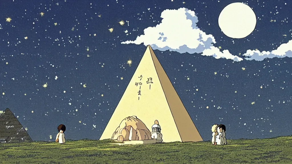 Image similar to a movie still from a studio ghibli film showing a floating large white pyramid with a gold capstone, and a ufo on a misty and starry night. by studio ghibli