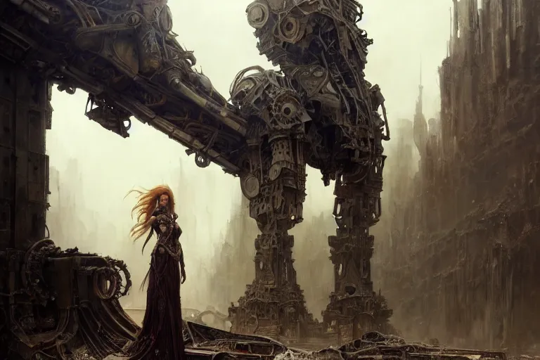 Prompt: a mech standing in a ruined city, fantasy, intricate, elegant, dramatic lighting, emotionally evoking symbolic metaphor, highly detailed, lifelike, photorealistic, digital painting, artstation, concept art, smooth, sharp focus, illustration, art by John Collier and Albert Aublet and Krenz Cushart and Artem Demura and Alphonse Mucha