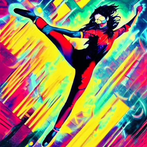 Prompt: high detailed, art by Naoyuko Kato: (subject = girl + subject detail=throwing a high kick in the air, futuristic, high facial details) + (background= bright color splashes and lazer lights in a dark background)