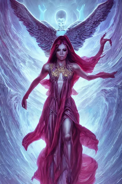 Image similar to beautiful female angel fused with poltergeist demon, legendary epic pose, few elegant silk robes with ornate pattern, portrait, intricate details, vicious appearance, by vincent di fate, artgerm, julie bell, beeple and Greg Rutkowski, 90s, concept, Smooth gradients, octane render, 8k, High contrast, duo tone, depth of field, very coherent symmetrical artwork