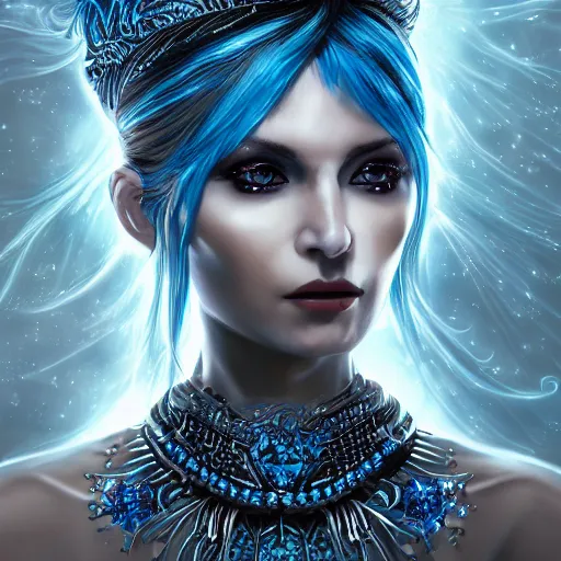 Image similar to masterpiece portrait of an aesthetic mage woman, ice spell, 3 0 years old woman, black dynamic hair, wearing silver diadem with blue gems inlays, silver necklace, painting by joachim bergauer and magali villeneuve, atmospheric effects, chaotic blue sparks dynamics in the background, intricate, artstation, fantasy