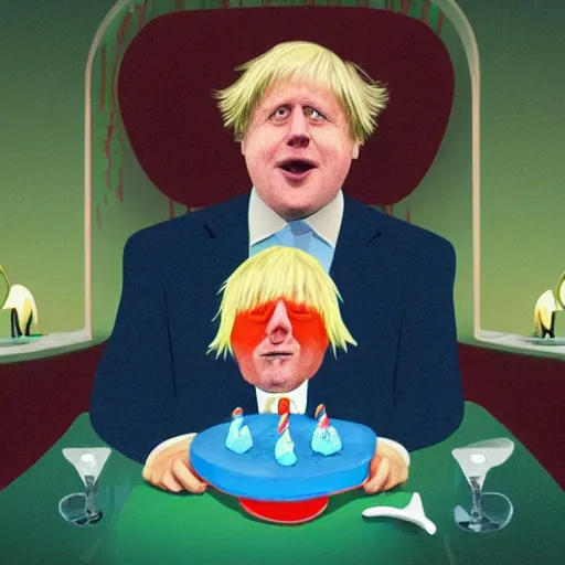 Prompt: Illustration of Boris Johnson, sat in a lounge on his own, wearing a birthday party hat and crying by Roger Dean