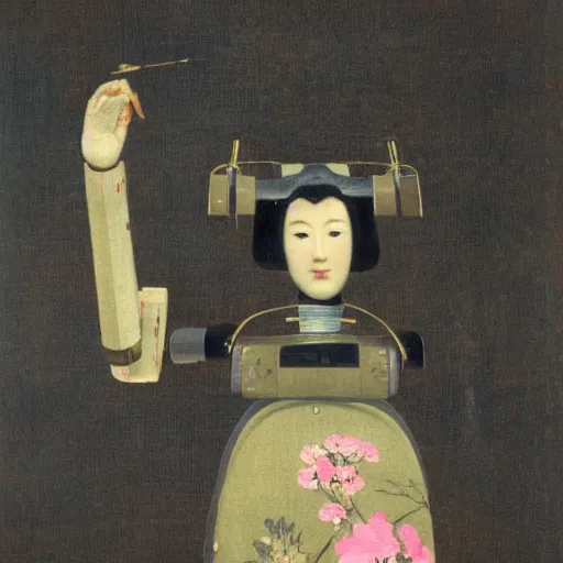 Image similar to a elegant japanese robot with fluo color detail, and muted arm colors, on top of dutch master painting of flowers