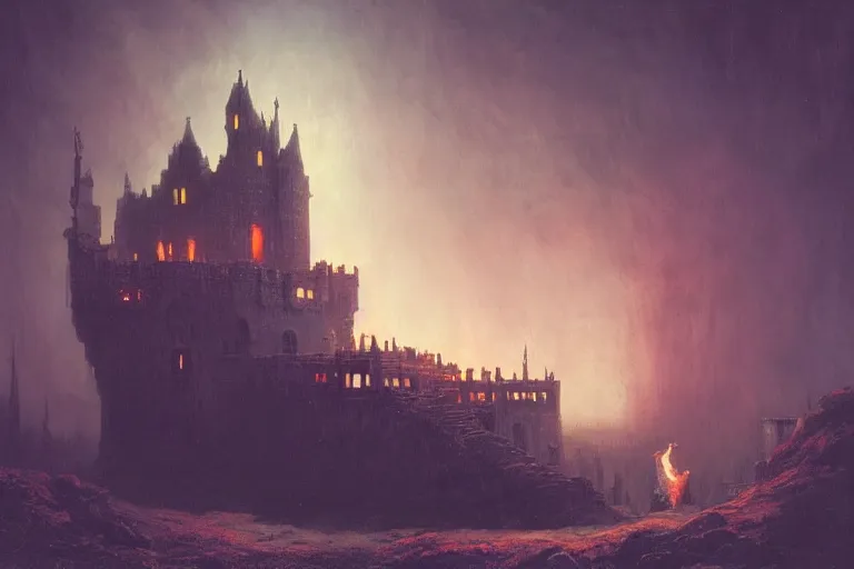 Prompt: a castle at night being lit up by the fire of a dragon, Les Edwards, Zdzislaw Beksinski, Carl Gustav Carus, John Harris, Michal Karcz, Zhang Kechun, Mikko Lagerstedt, Scott Listfield, Steven Outram, Jessica Rossier