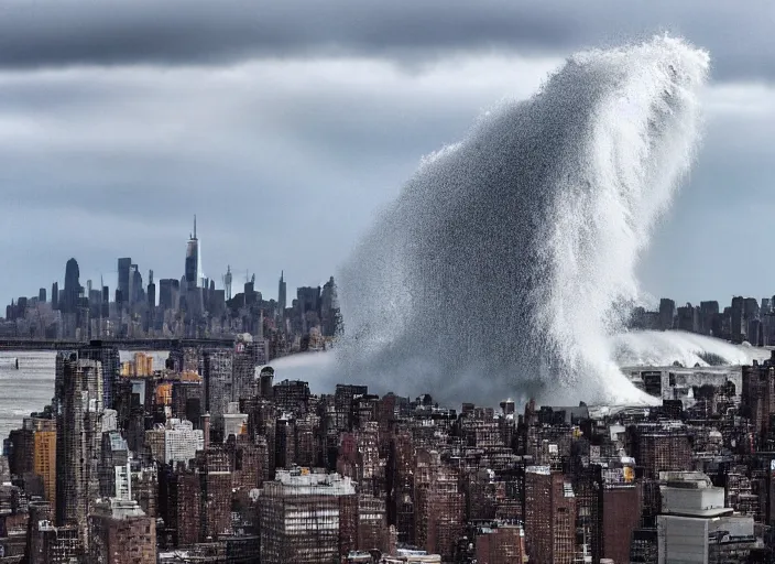 Image similar to Photograph of a tsunami crashing on the Manhattan skyline