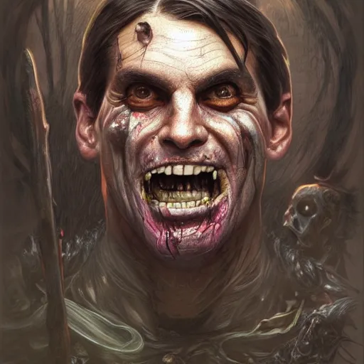 Image similar to ultra realistic illustration, jair bolsonaro as a rotting zombie, emotionless, fantasy, intricate, horror, highly detailed, digital painting, artstation, concept art, sharp focus, illustration, art by artgerm and greg rutkowski and alphonse mucha