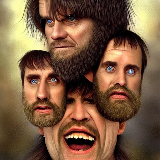 Image similar to hydra of lerna with two heads, one head is jim carey as lloyd christmas, the other head is jeff daniels as harry dunne ( from dumb and dumber ), serpentine water monster, d & d, fantasy, portrait, highly detailed, digital painting, trending on artstation, concept art, sharp focus, illustration, art by artgerm and craig mullins