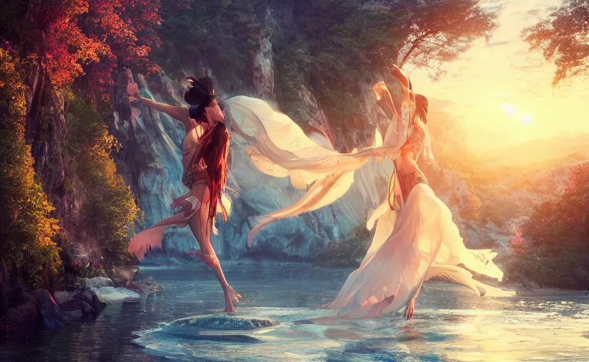 Image similar to Himalayan priestess dancing on water, beautiful flowing fabric, sunset, dramatic angle, 8k hdr pixiv dslr photo by Makoto Shinkai rossdraws and Wojtek Fus