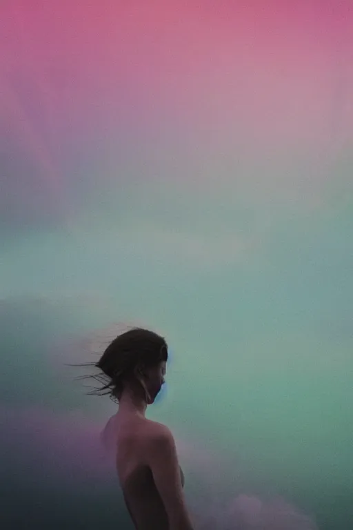 Image similar to high quality pastel coloured film close up wide angle photograph of a model wearing clothing swimming on cloud furniture in a icelandic black rock!! environment in a partially haze filled dreamstate world. three point light, rainbow. photographic production. art directed. pastel colours. volumetric clouds. pastel gradient overlay. waves glitch artefacts. extreme facial clarity. 8 k. filmic.