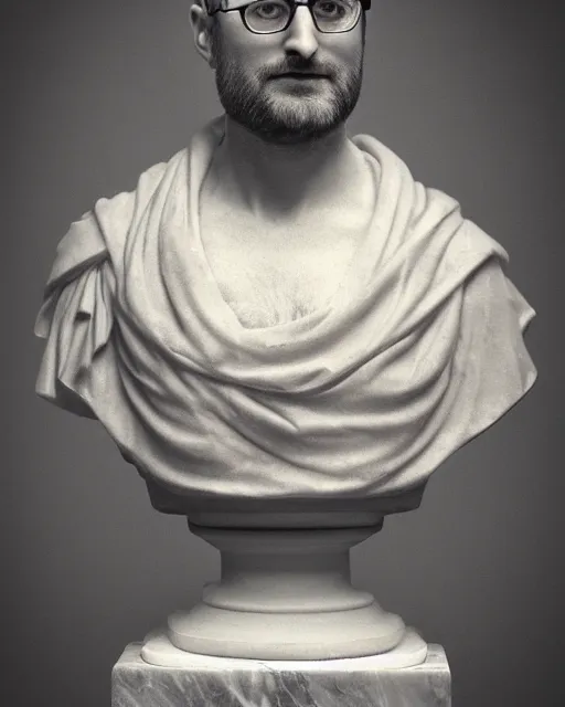 Prompt: a high quality photograph vsauce michael stevens as a roman marble bust. cinematic lighting.