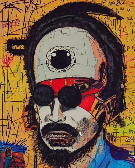 Prompt: a cyberpunk portrait of black beard the pirate with a patch over his eye by jean - michel basquiat, by hayao miyazaki by artgerm, highly detailed, sacred geometry, mathematics, snake, geometry, cyberpunk, vibrant, water