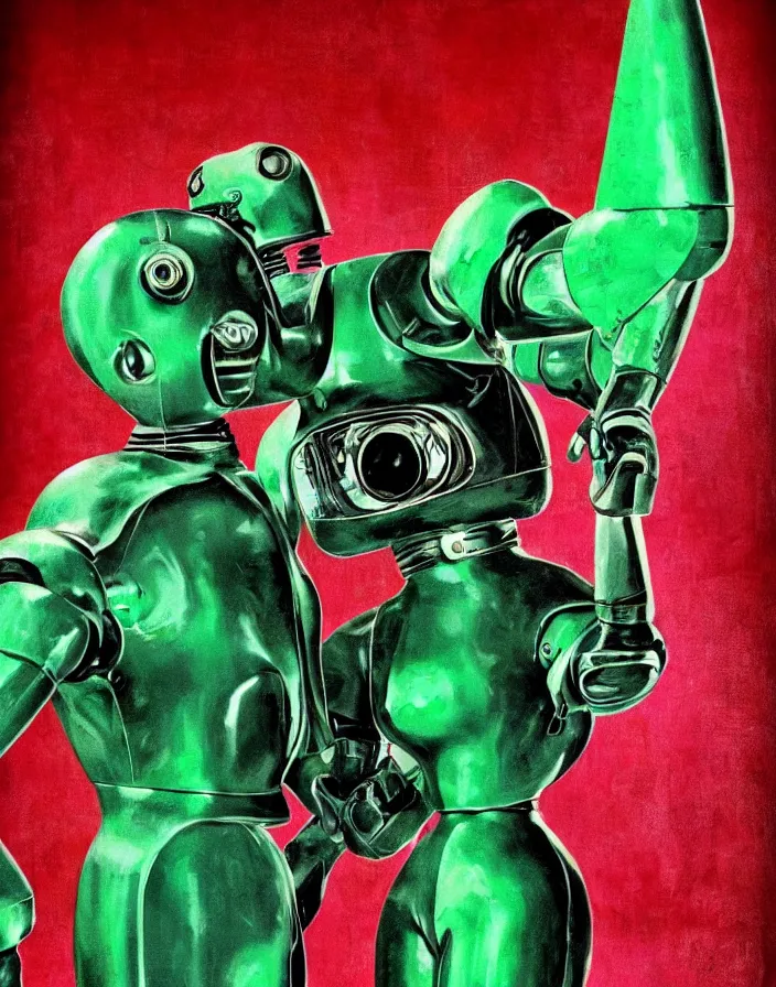 Image similar to a suited metal robot!!!! hugging a retro real - life housewife!!!!, 1 9 5 0 s horror film movie poster style, ( norman rockwell oil painting ), close - up shot, tight shot, profile shot, retro science fiction, vintage, saturated pink and green lighting, shadowy lighting