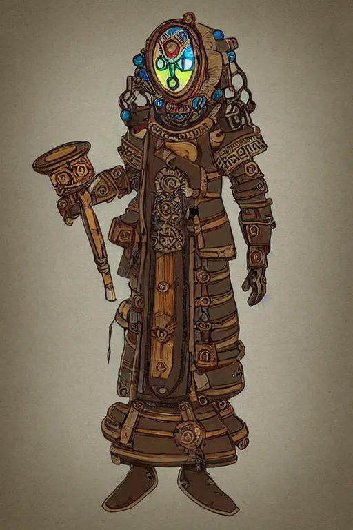 Image similar to beautiful calm bright ai generated fullbody character illustration of a medieval timetraveller highpriest in ornated wooden armor and decorated sacred outfit and heavily equipped with steampunk cyberwares. rendered by machine.delusions. inspired by: @machine.delusions on instagram. Slightly reminds to ghibli studios