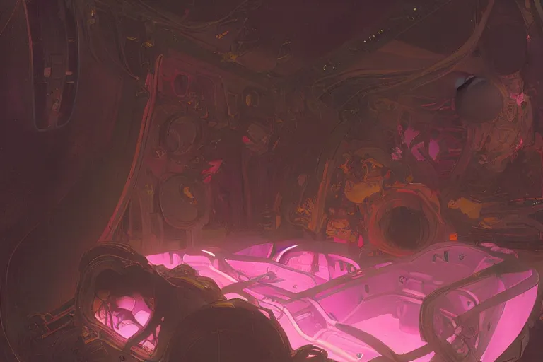 Prompt: interior of a Sensory deprivation Stomach filled with glowing pink water, Cross section, Claustrophobic, seapunk Mecha , vaporwave , digital art, artstation, by WLOP, Ilya repin, alphonse mucha., Very highly detailed 8K, octane, Digital painting, the golden ratio,