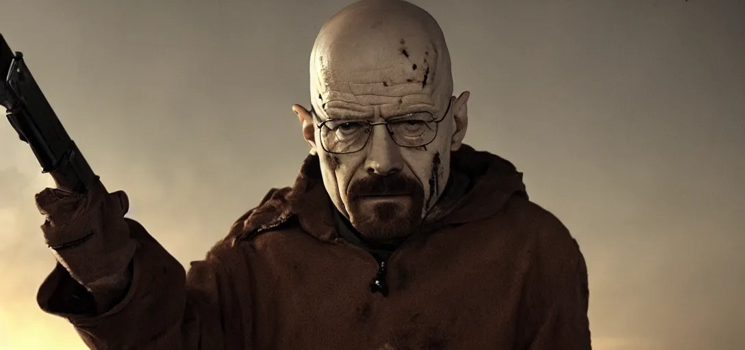 Prompt: zombie walter white holding a weapon, foggy, cinematic shot, photo still from movie by denis villeneuve, wayne barlowe