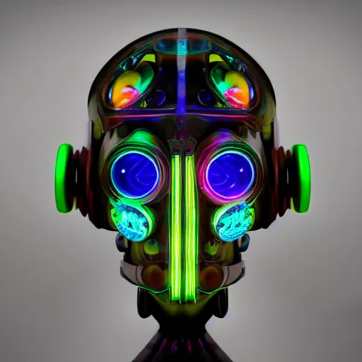 Prompt: a irisdiscent glass statue of a dieselpunk futuristic robot head wearing brain sensors with multicolored tubes and a headset, 8 k, front shot, symetrical, flourescent colors, halluzinogenic, multicolored, insanely detailed, front shot, 3 d render, octane