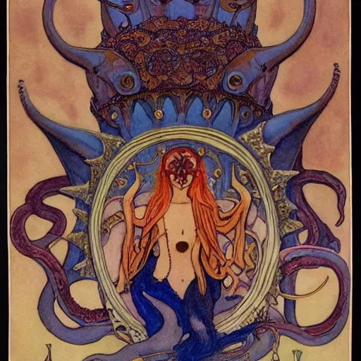 Prompt: the tentacle crown, by Annie Swynnerton and Nicholas Roerich! and (((Edmund Dulac))), bioluminescent skin, tattoos, elaborate costume, geometric ornament, symbolist, rich colors, dramatic lighting, smooth, sharp focus, extremely detailed