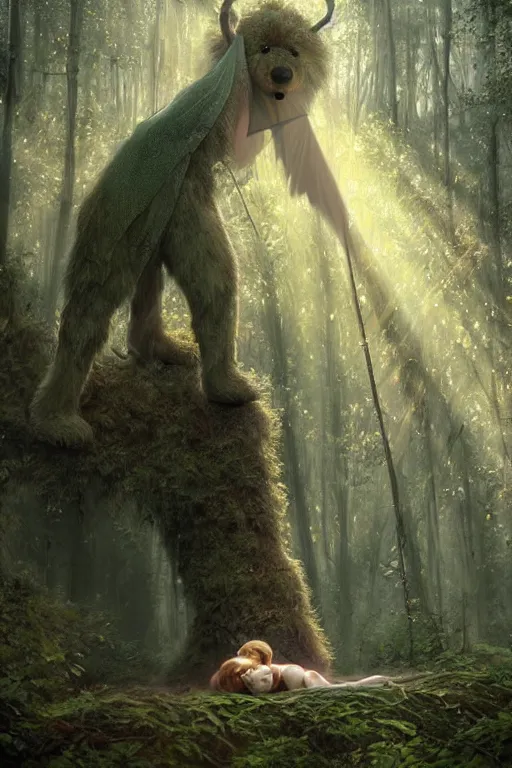 Image similar to mean fluffy teddybear protecting girl in a forest with rays of light coming through the canopy, masterpiece, dystopian, sci-fi, extremely detailed, digital painting, sculpted in zbrush, artstation, concept art, smooth, sharp focus, illustration, chiaroscuro lighting, golden ratio, incredible art, artgerm, greg rutkowski, alphonse mucha, simon stalenhag, carravaggio