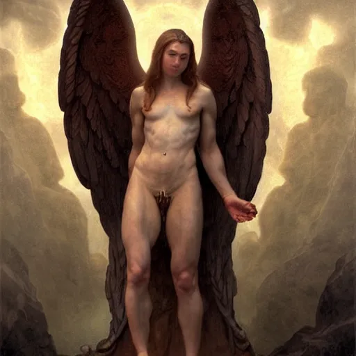 Prompt: muscular Angel standing in the front of gates of hell . angel is draped with bones. Digital painting. Art station. Mood lighting. Skindness, highly detailed, concept art, intricate, sharp focus, einar jonsson and bouguereau - h 1200