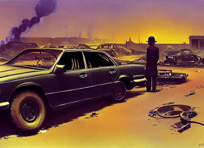 Image similar to a beauty man stands at burning wrecked mercedes 1 2 4, highly detailed, soft lighting, elegant, by edward hopper and james gilleard, zdzislaw beksinski, steven outram, highly detailed