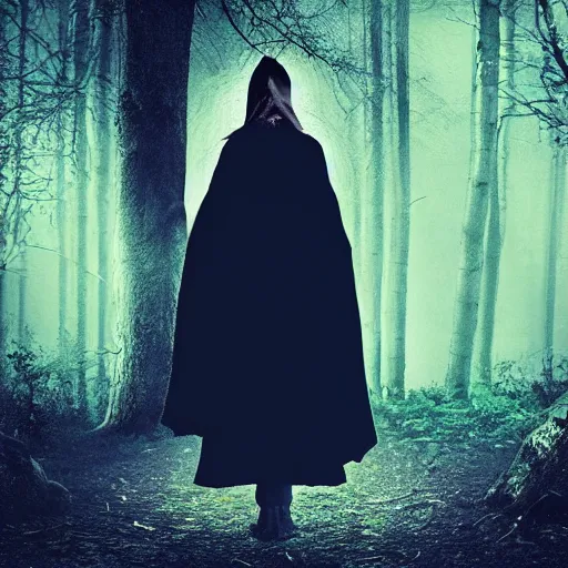 Prompt: powerful beautiful female wizard casting a spell, dark scary woods at night, ominous, scary, dark fantasy