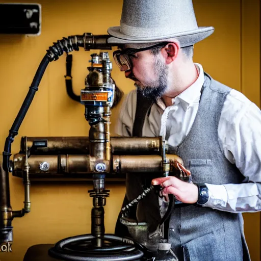 Image similar to A random pointless contraption ((steampunk)) industrial appliance pneumatic machine with no apparent purpose, being operated by a scholarly looking man with a clear directed gaze, XF IQ4, f/1.4, ISO 200, 1/160s, 8K, RAW, unedited, symmetrical balance, in-frame